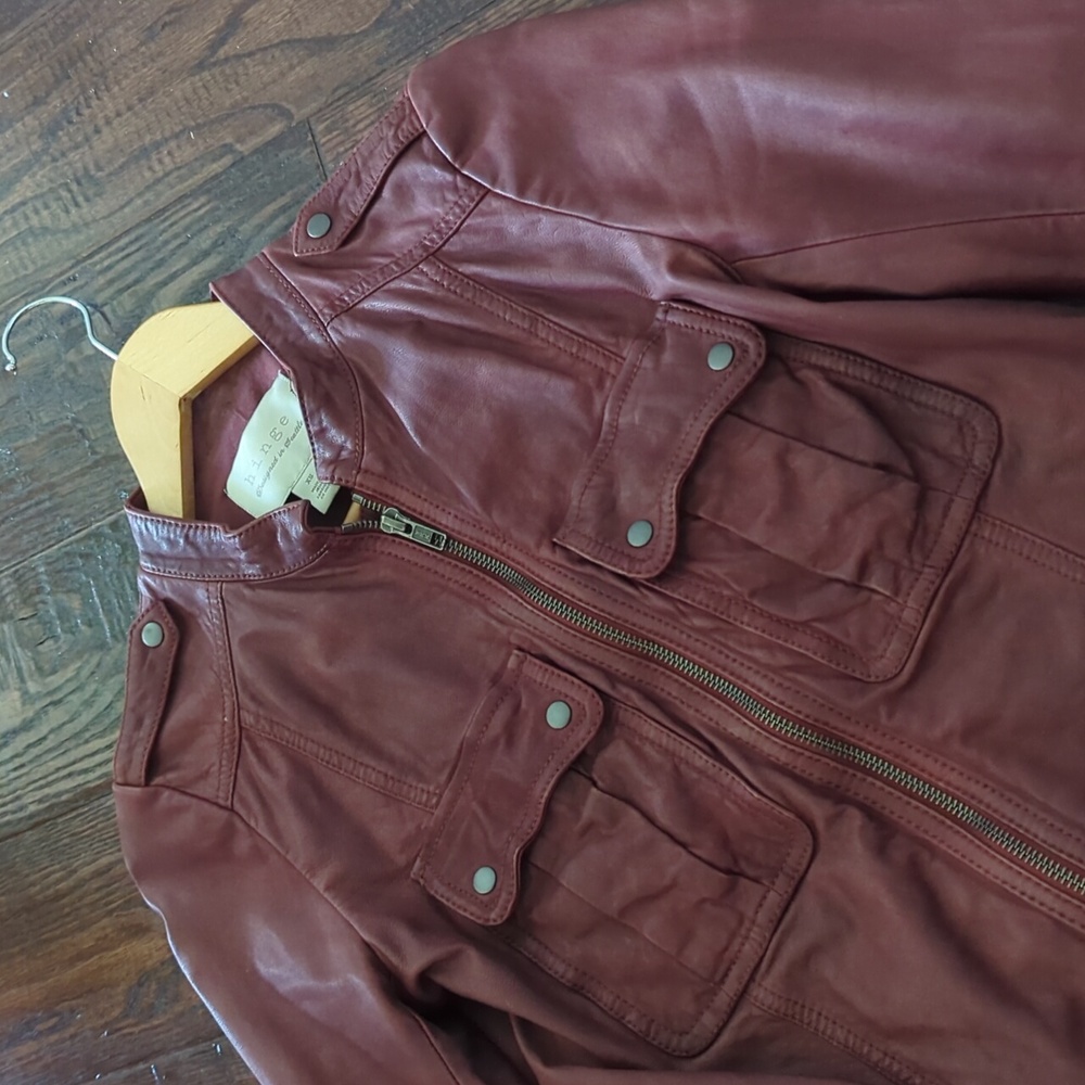 HINGE Designed in Seattle I Raisin Brown Leather Zip Front Bomber Jacket, XS
